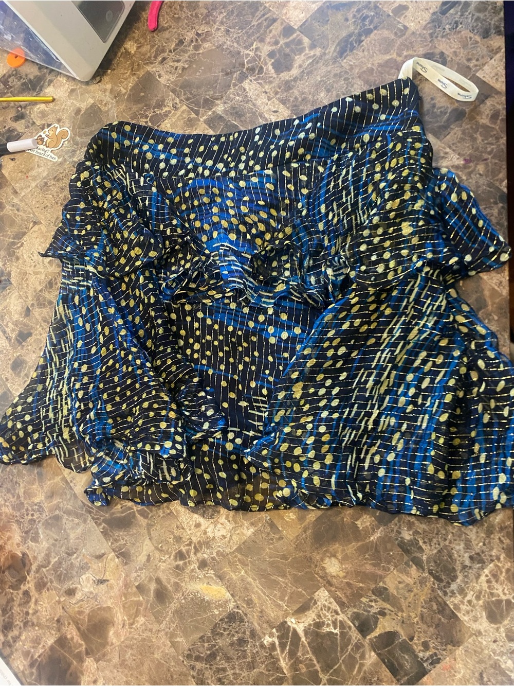 Shore Magnolia Mini Ruffled Polka Dot Skater Skort in Black, Blue & Yellow NWT L